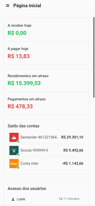 Pagina inicial do sistema no formato mobile